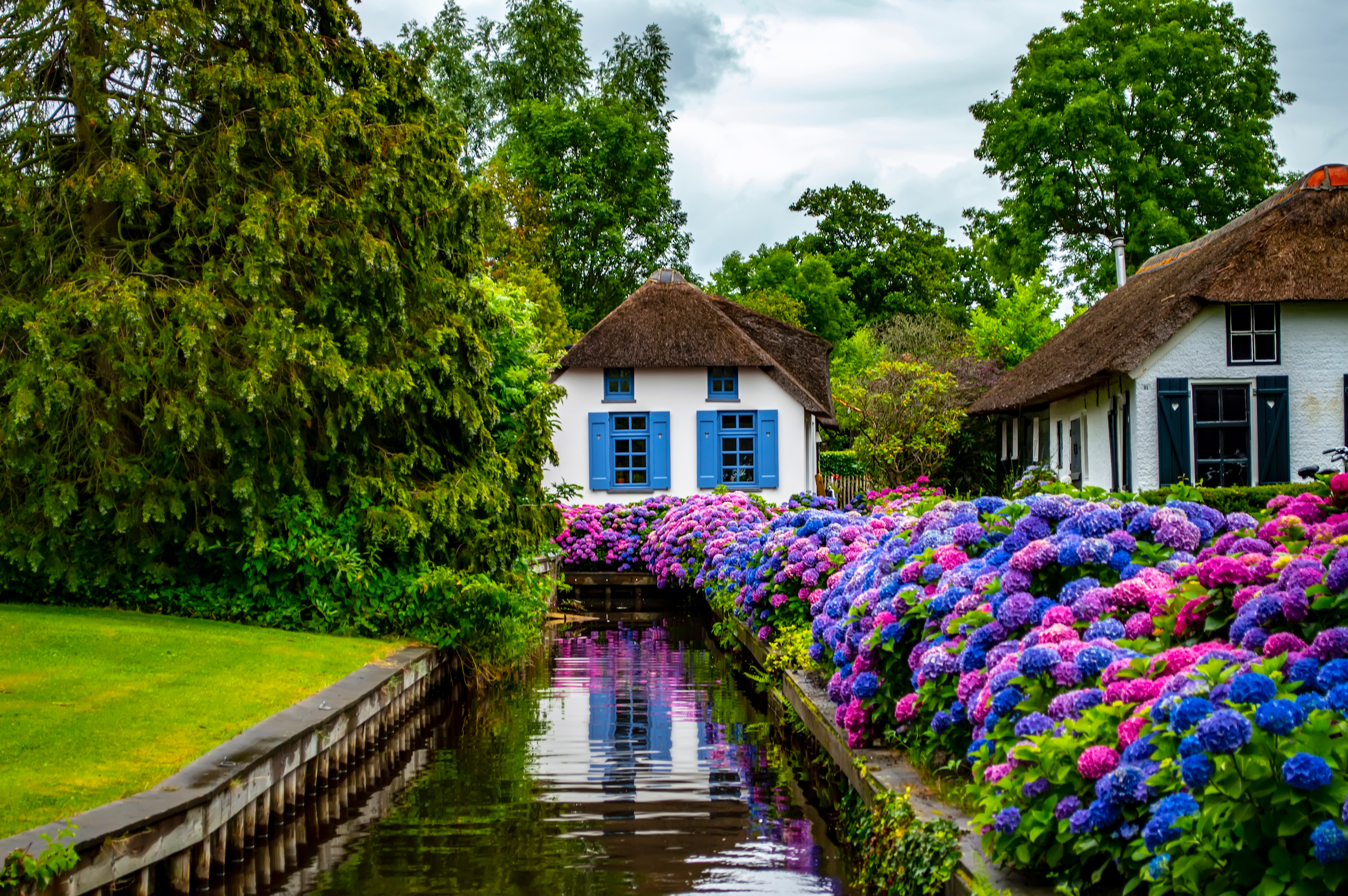 Giethoorn, Holandia - 6 lipca 2019 r.: Spokojny widok na wioskę Giethoorn w Holandii, z pięknymi wiejskimi domami, kanałami wodnymi i kolorowymi kwiatami.