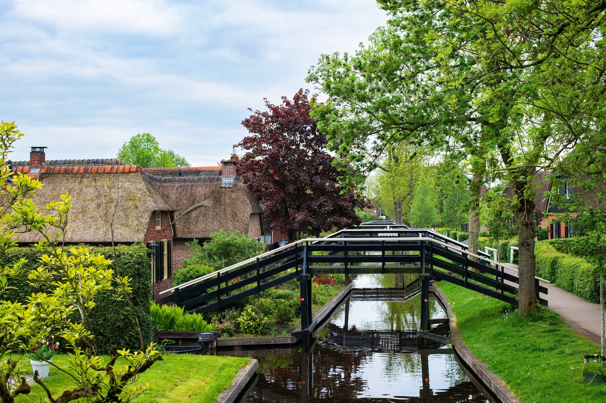 Widok na wioskę Giethoorn znaną jako "Wenecja Północy" w Holandii w maju. Pływanie łodzią po kanale Giethoorn z malowniczym widokiem na domy i mosty. Holenderska atrakcja turystyczna.